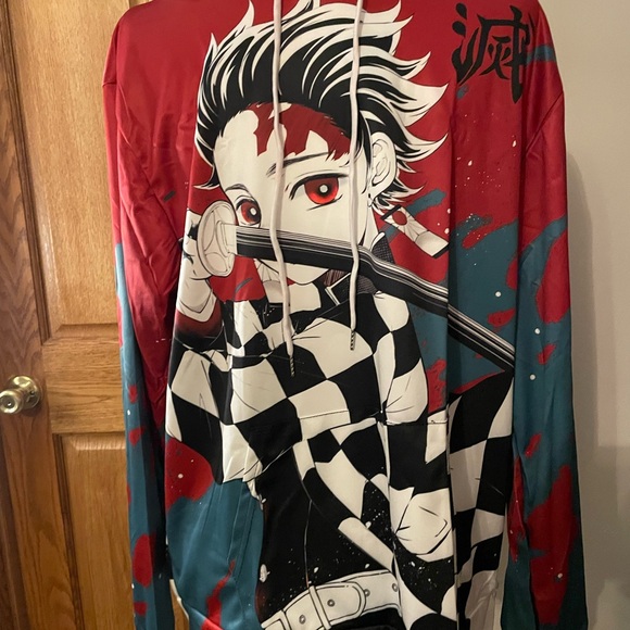 Demon Slayer Anime Graphic Hoodie with Red and Blue Accents - Picture 1 of 4